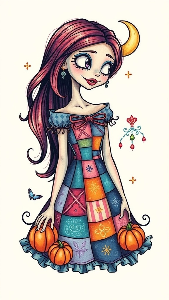 Tattoo design of Sally from The Nightmare Before Christmas with a patchwork dress and crescent moon.